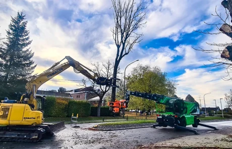 Abatteuse télescopique et pelle Komatsu sur chantier d’élagage